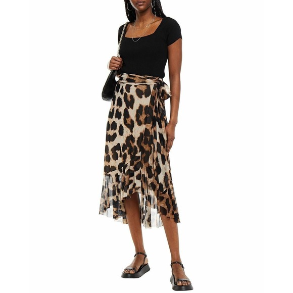 Ganni Dresses & Skirts - GANNI Leopard Print Mesh Ruffled Wrap Midi Skirt Brown EU 38 US 6 $245